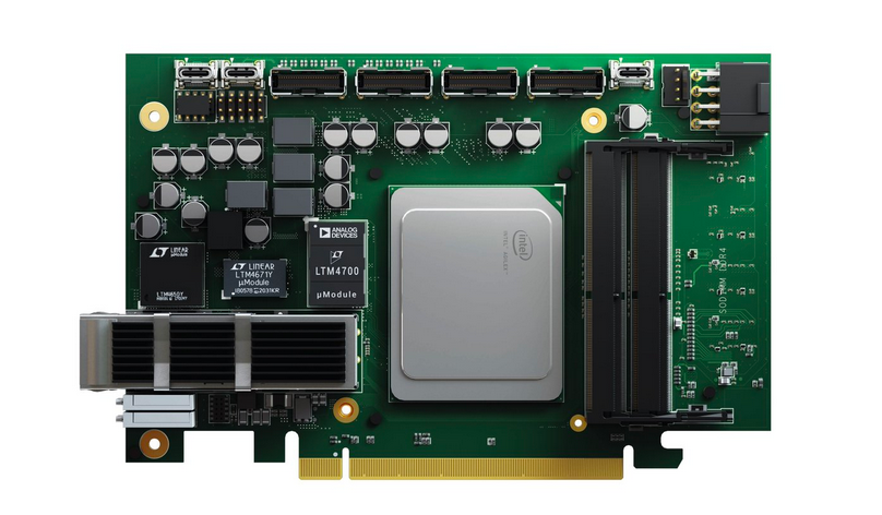 A smart acceleration card containing one 400GE interface, a powerful Intel Agilex FPGA, DRAM memory and a PCIe gen.5 interface.